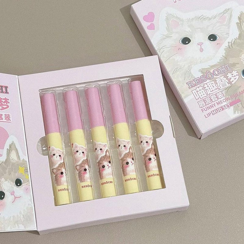 RESOCHI Meow Dream Lip Mud Set - Pink Matte Mud Texture, Brightening and Youthful Lipstick Set